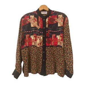 Vintage Womens A.K.F New York Special Button Blouse Multi Brown Band Collar L?